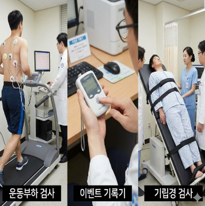 운동부하 검사로 러닝머신 위에서 심장 반응을 측정하는 모습, 이벤트 기록기를 손에 들고 부정맥 증상을 기록하는 장면, 기립경 검사로 실신 원인을 평가하는 의료 절차