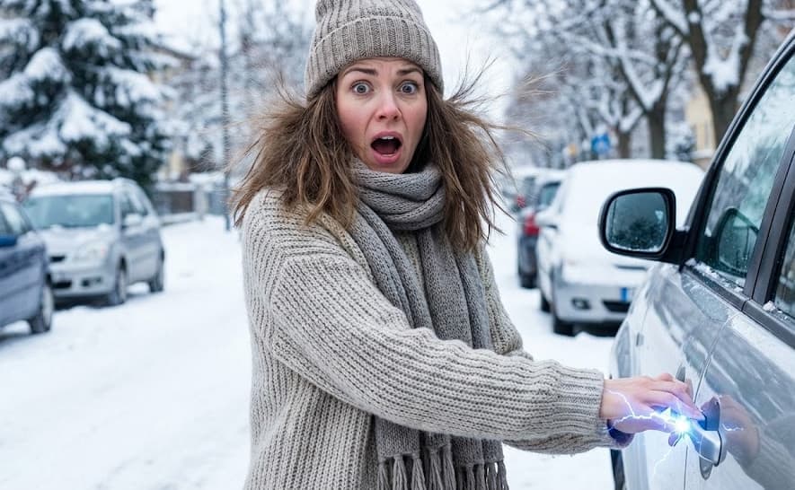 차량 손잡이를 잡다 정전기로 깜짝 놀란 여자