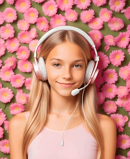 긴 금발머리 백인 소녀가 하얀 헤드셋을 쓰고 음악을 듣는다. 주변엔 분홍색 꽃들이 가득하다.