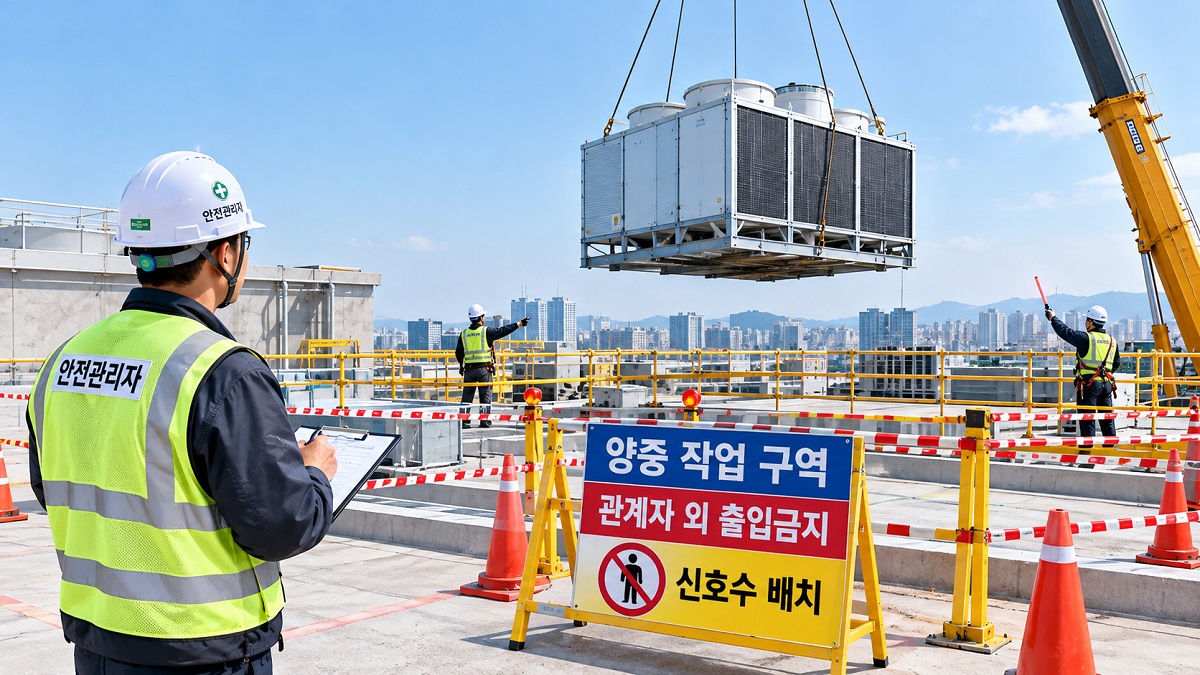 옥상에서 기계설비 양중 전 안전난간과 하부 출입통제 구역을 점검하는 안전관리자