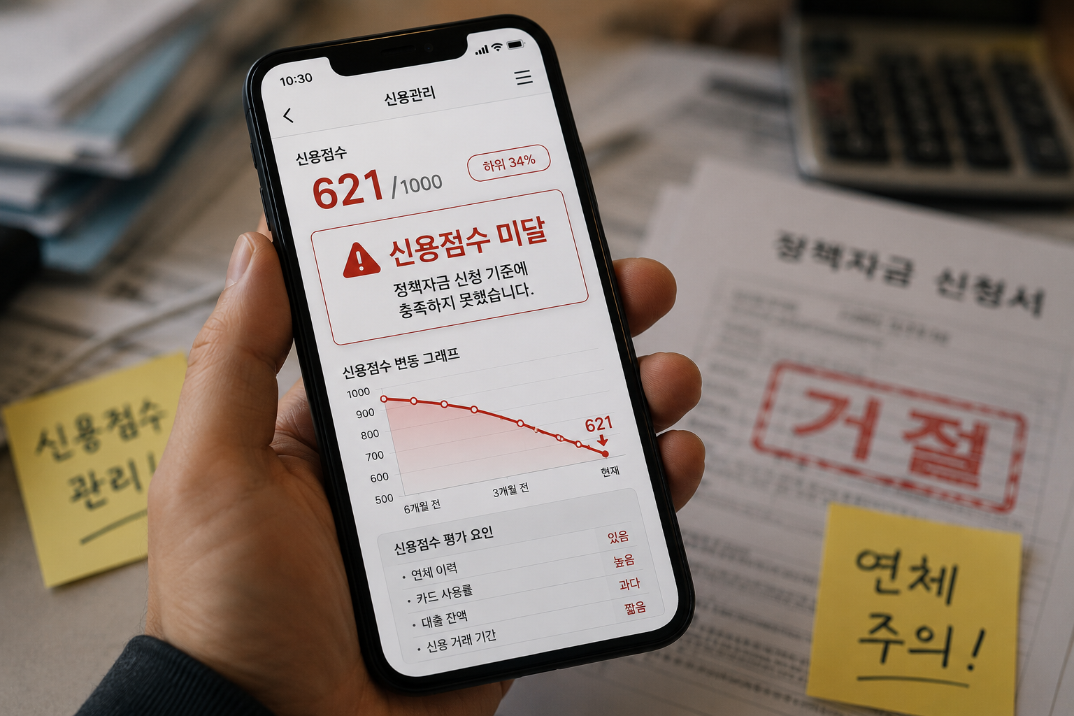 A smartphone screen displaying a falling credit score graph and a 'credit score below criteria' message, as a reason for Small Business Policy Loan rejection.