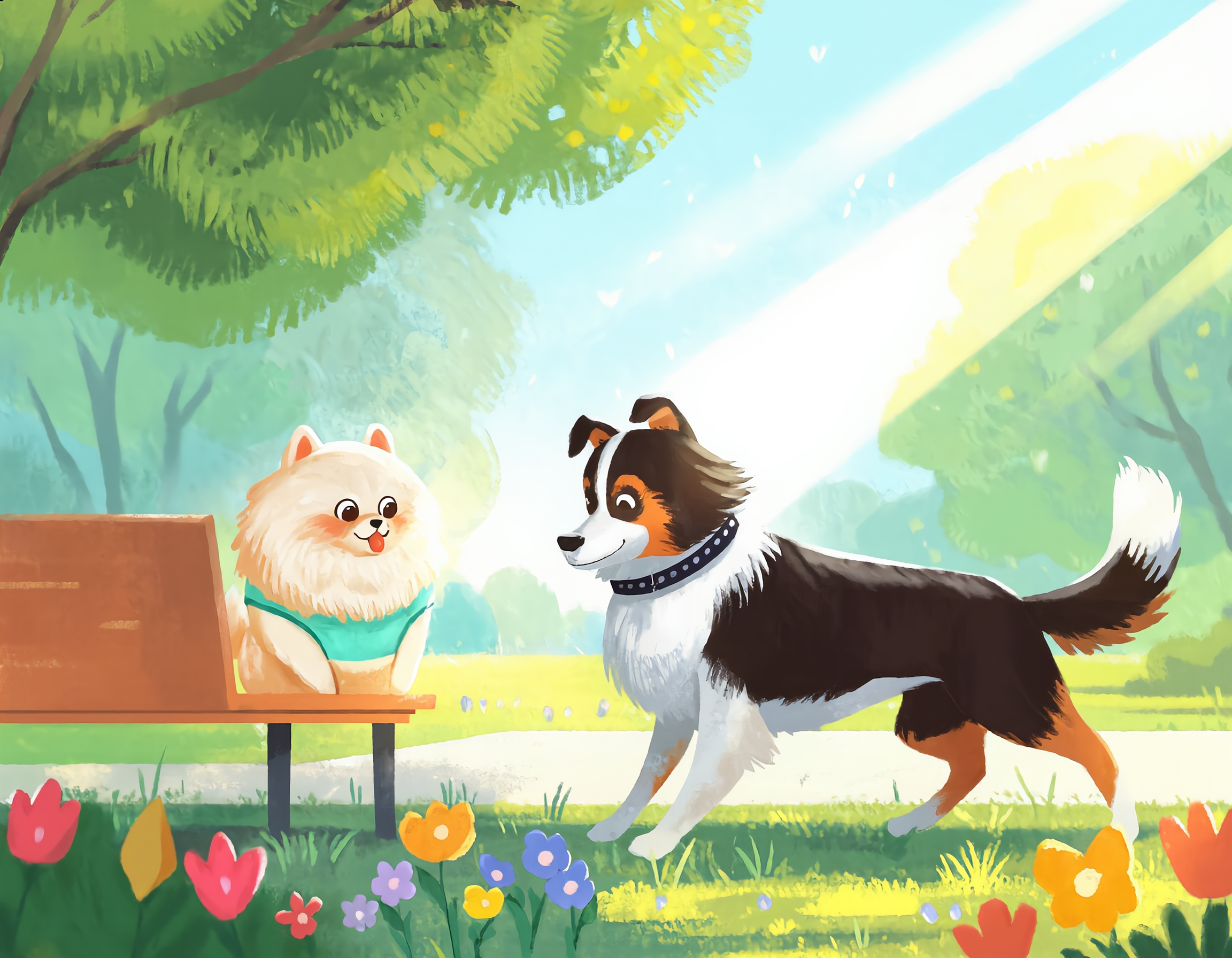 소형 포메라니안이 민트색 조끼형 하네스를 착용하고 공원 벤치 옆에서 앉아있는 모습과 중형 보더콜리가 검정색 앞고리 하네스를 매고 산책로를 걸어가는 모습이 한 화면에 배치된 사실적 일러스트레이션.