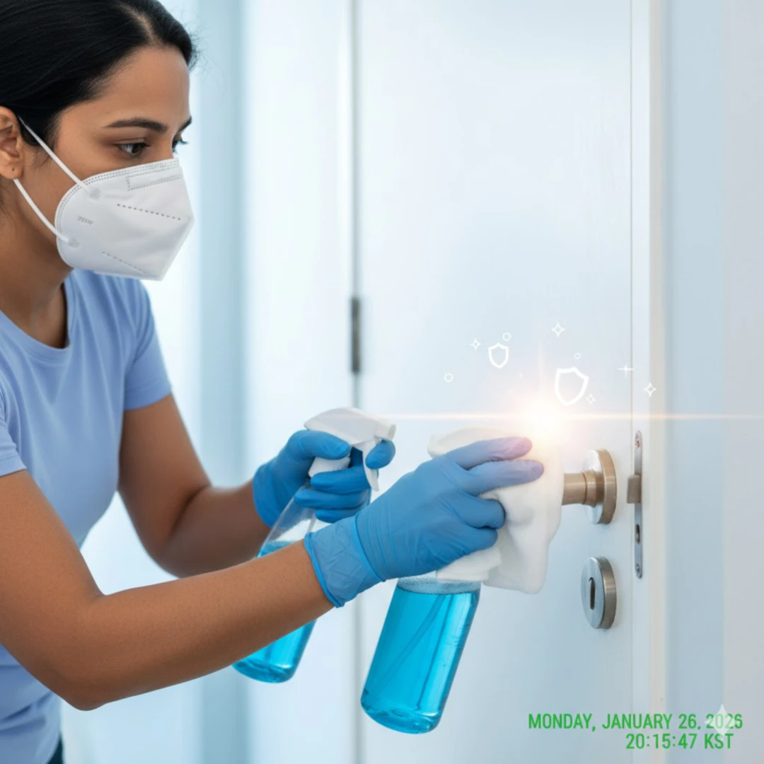 마스크와 장갑을 착용한 사람이 오염 가능성이 있는 표면(예: 문고리, 화장실, 주방)을 소독액으로 닦는 모습을 담습니다. 깨끗함과 청결함을 상징하는 아이콘이나 빛나는 효과를 추가할 수 있습니다.