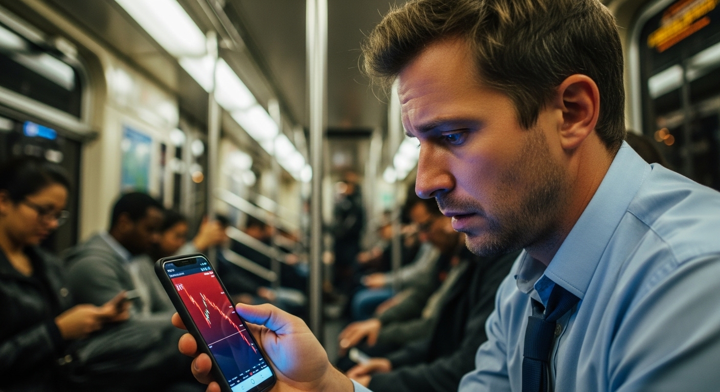 지하철에서 스마트폰으로 주식 차트를 심각하게 확인하는 직장인의 모습. 화면에는 고배당 ETF의 하락 그래프가 보인다