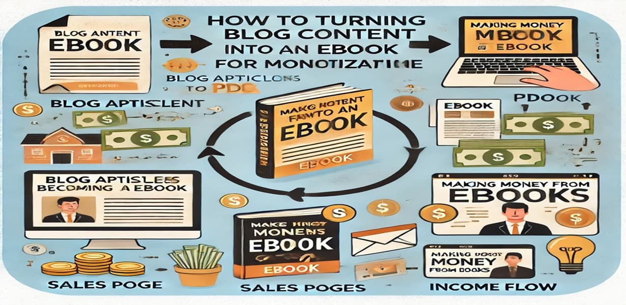 블로그 글이 전자책으로 전환되어 판매되는 흐름을 보여주는 인포그래픽 – PDF 변환, eBook 커버, 판매 페이지, 수익 흐름 포함