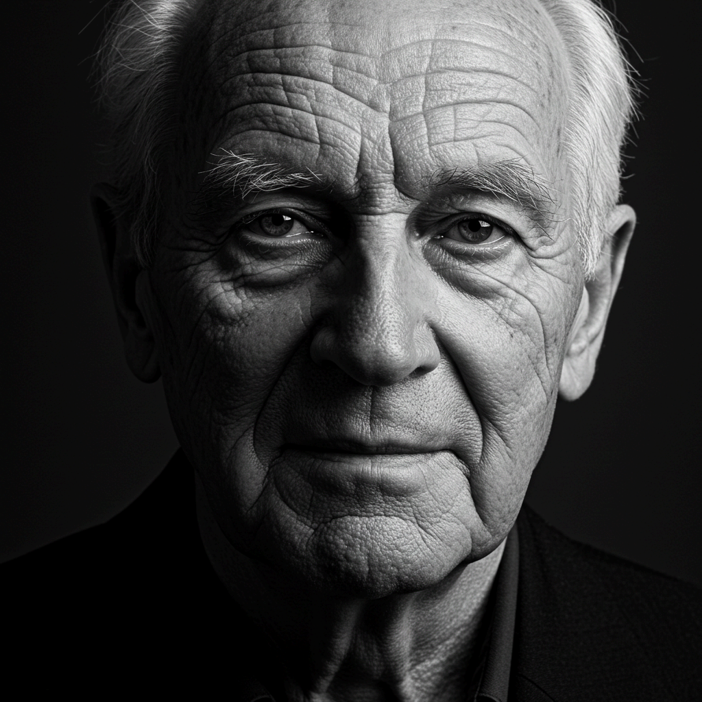 품위 있어 보이는 노인의 고화질 흑백 초상화 클로즈업. 깊은 주름과 은발 머리카락 디테일이 잘 표현되어 지혜롭고 숙련된 분위기를 전달하는 실사 사진.