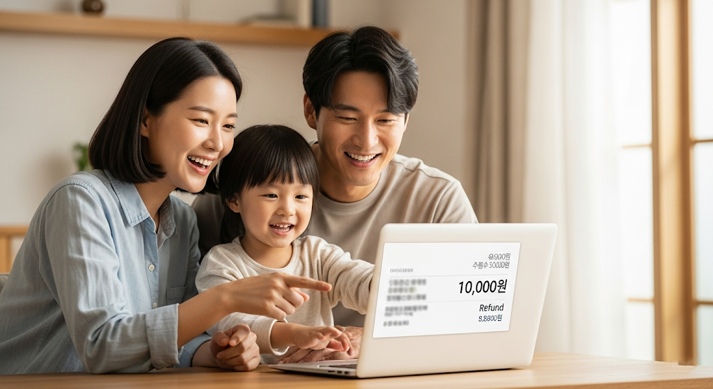 한국 가정에서 환급금 입금 내역을 확인하고 기뻐하는 가족