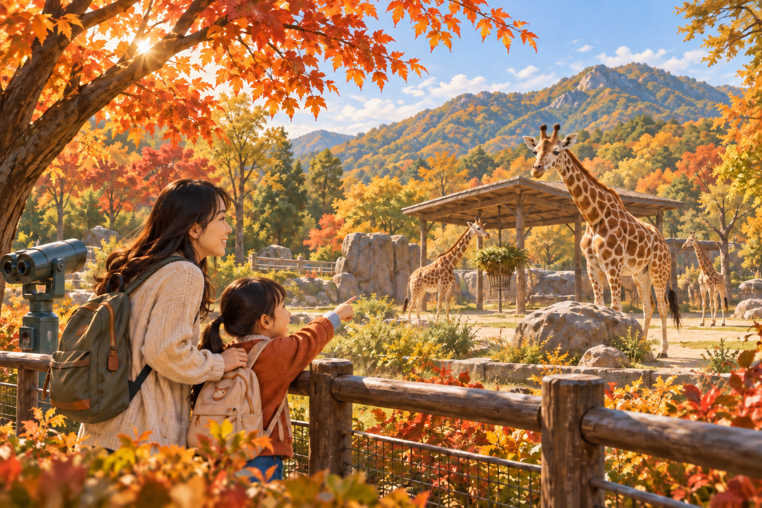 가을 숲길의 관람 구역에서 기린을 보는 가족