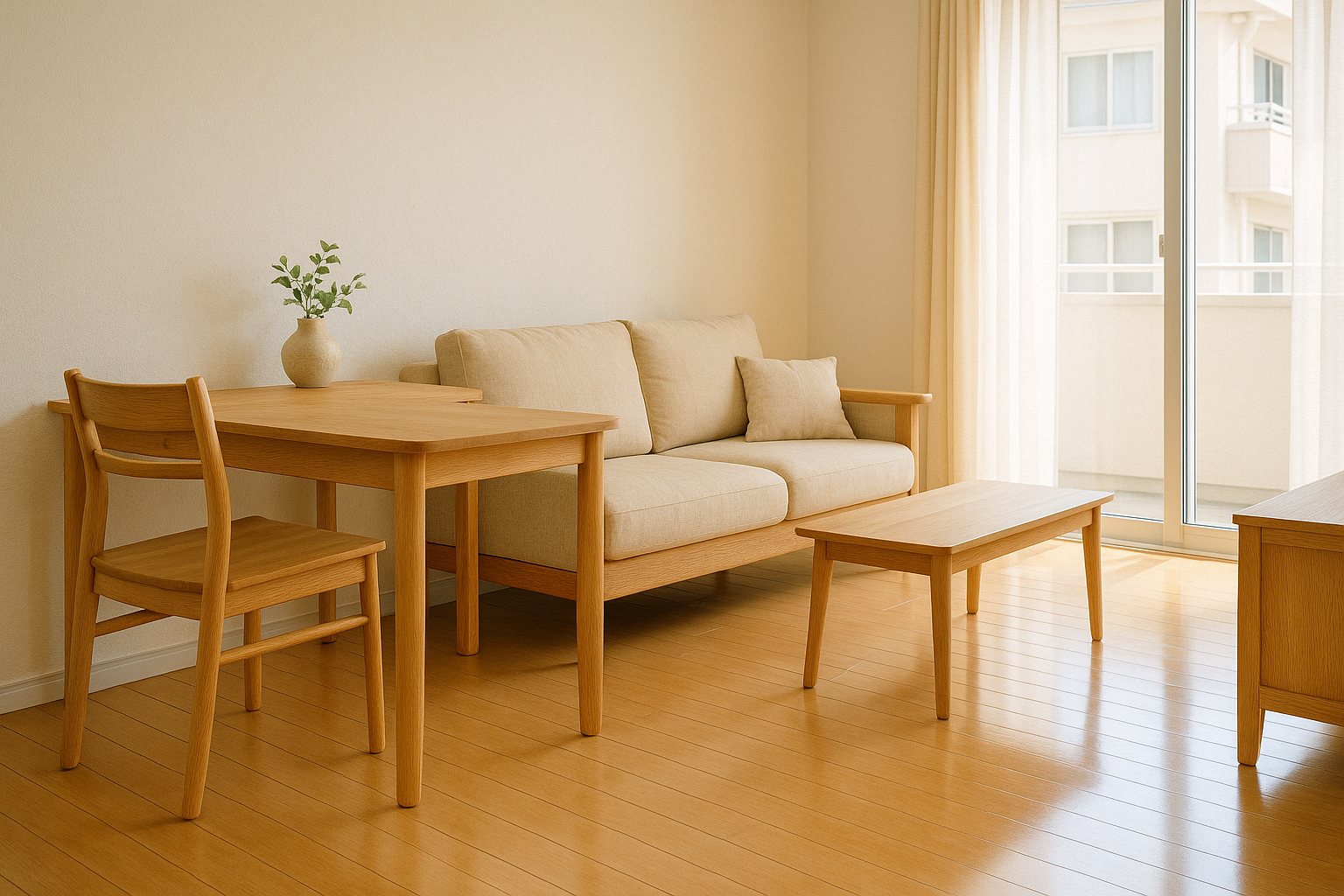 원목 가구와 나무 테이블로 꾸며진 밝고 따뜻한 거실 인테리어
