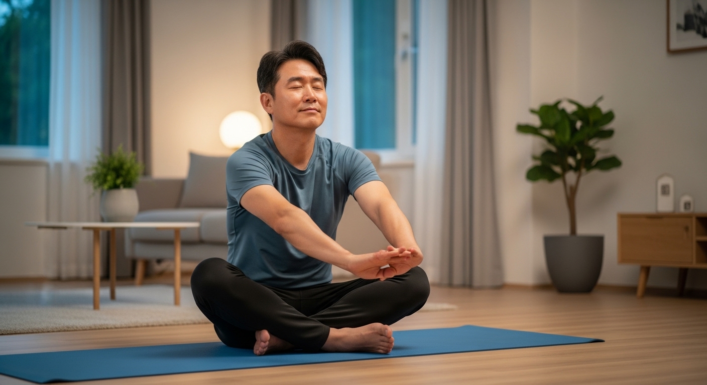 50대 남성이 요가매트 위에서 저녁 저강도 스트레칭을 한다