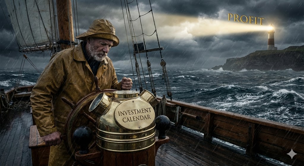 거친 파도가 치는 바다 위에서, 'Investment Calendar'라고 적힌 나침반을 든 선장이 튼튼한 배(Portfolio)를 몰고 목적지(Profit)를 향해 나아가는 모습