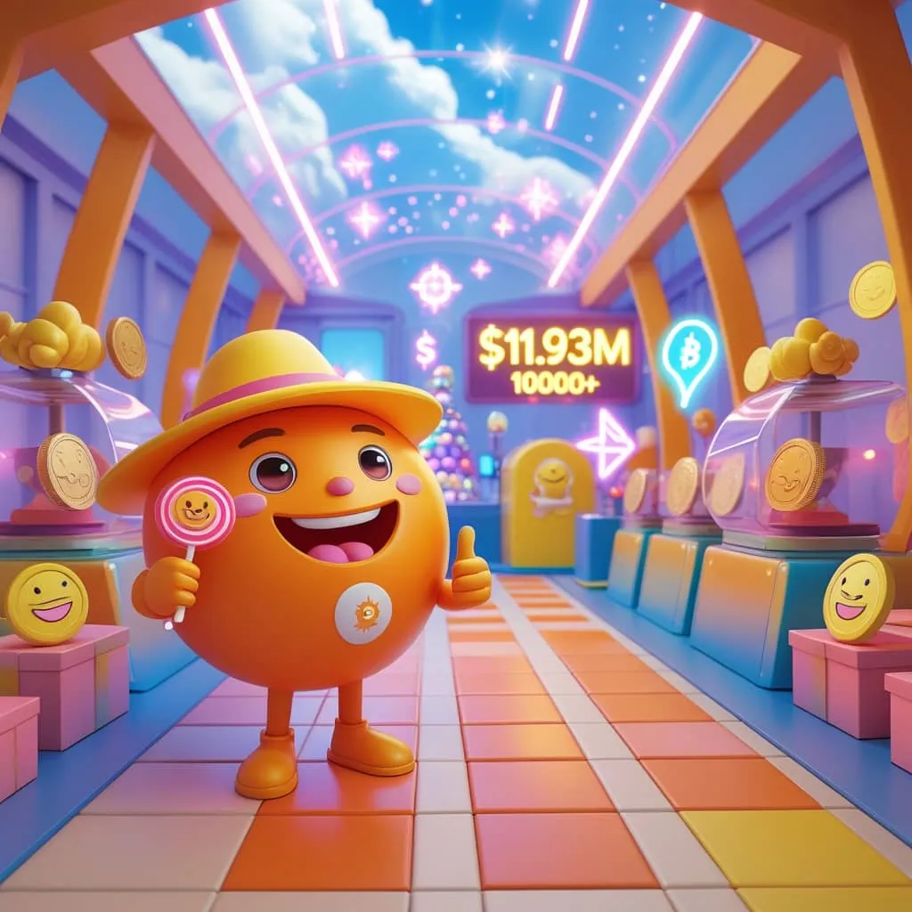 밈코인을 캔디에 비유하여 선펌프를 캔디샵에 비유한 이미지. 트론 코인 이미지도 사방에 배치되어 있다.