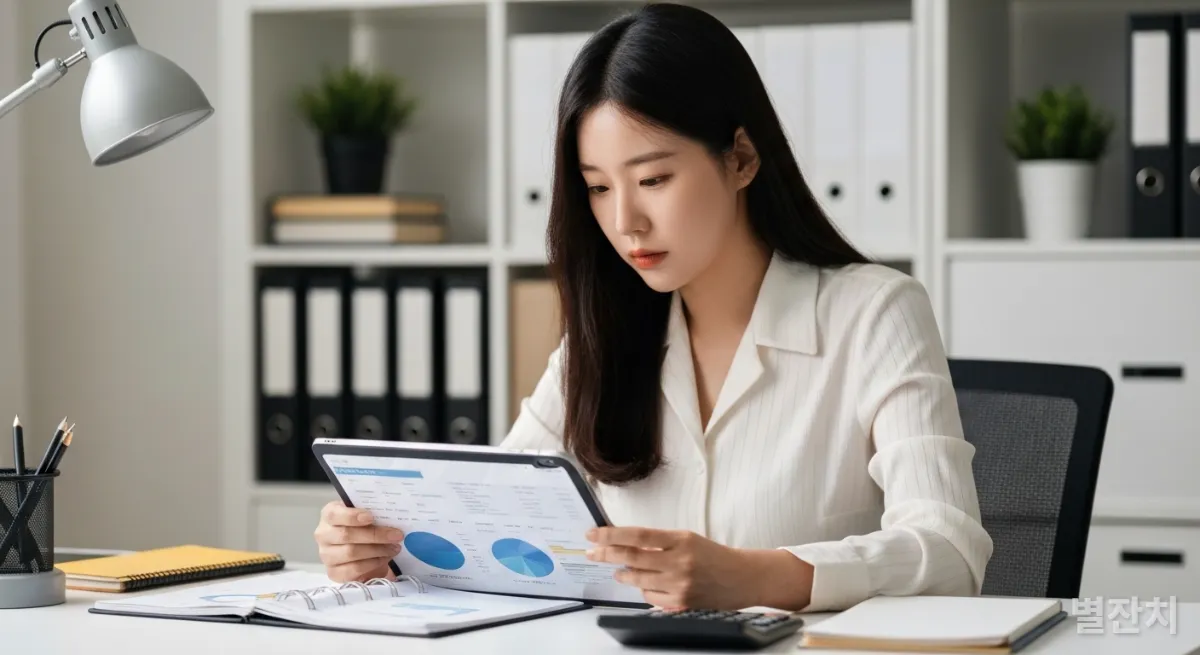 집에서 가계부를 정리하고 재정 계획을 세우는 한국인 여성