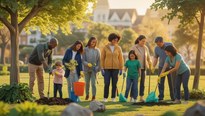 분리배출을 실천하는 가족과 깨끗한 동네를 표현한 따뜻한 환경 보호 이미지.