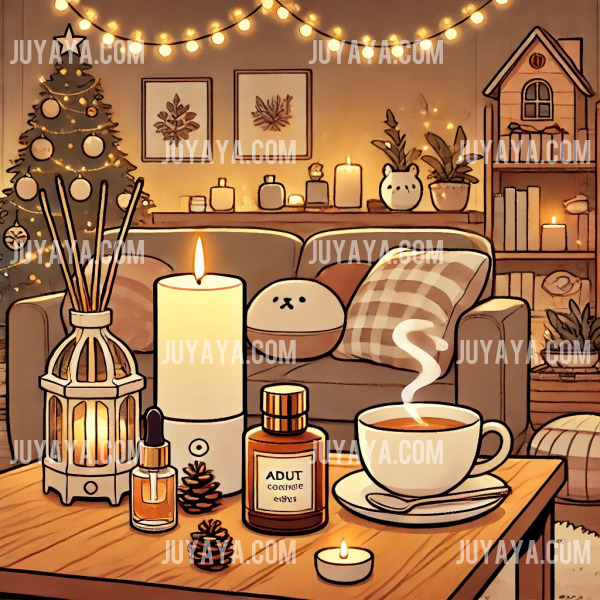 웹툰 스타일로 그려진 장면으로, 아늑한 성인 공간에서 향초, 커피 한 잔, 디퓨저가 놓인 나무 테이블. 배경에는 크리스마스 장식 조명과 작은 장식품이 더해져 따뜻하고 편안한 겨울 분위기를 연출합니다.