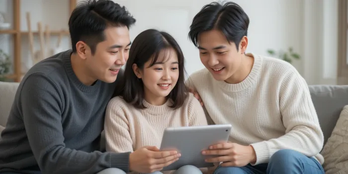 가족이 모여 치매 초기증상 체크리스트를 함께 확인하는 모습