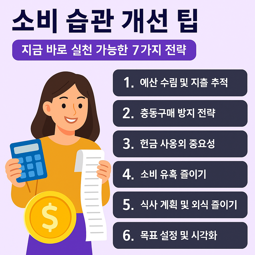 소비 습관 개선 팁을 주제로 한 인포그래픽 이미지로, 계산기와 영수증을 든 여성이 등장하며 '지금 바로 실천 가능한 7가지 전략'이 항목별로 안내된 구성