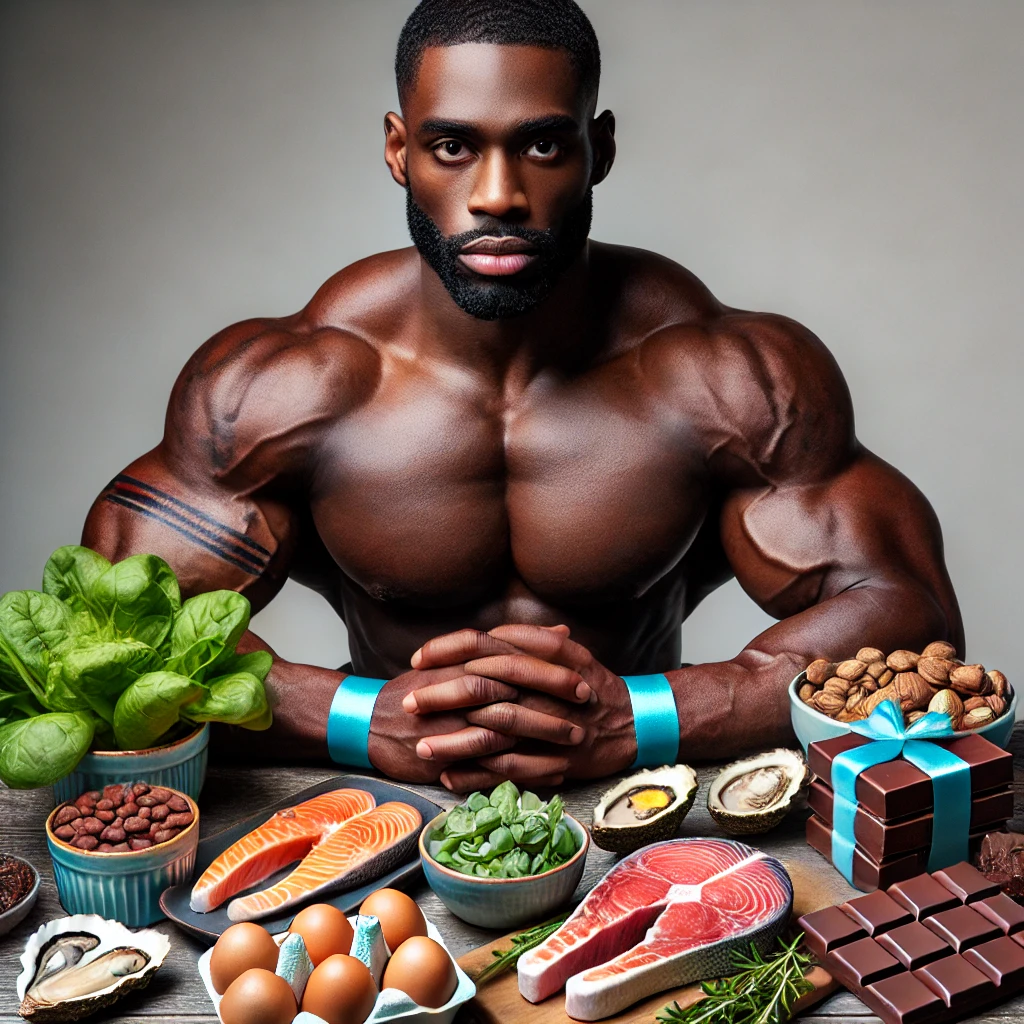 "테스토스테론 수치를 극대화하는 고단백 식단을 먹는 정력 0.01% 흑인 남성의 모습. 스테이크, 달걀, 견과류, 연어, 브라질너트, 굴, 다크초콜릿 등 남성 호르몬을 증가시키는 음식을 섭취하는 모습으로, 강한 남성성을 강조함"