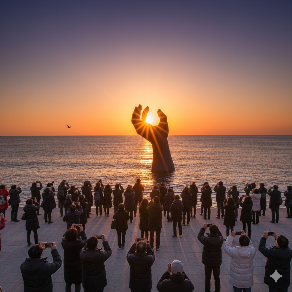 포항 간절곶 바다 위 솟아오른 '상생의 손' 사이로 해가 걸리는 장면