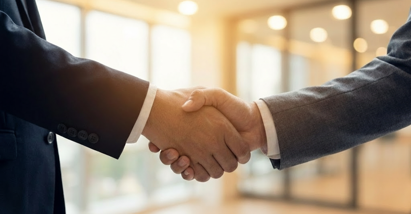 정장을 입은 두 비즈니스 파트너가 서로 신뢰를 담아 굳게 악수하는 손 클로즈업 사진