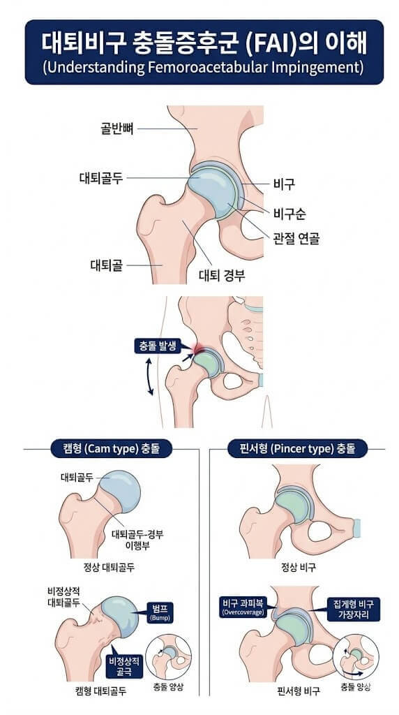 대퇴비구 충돌증후군의 유형을 보여주는 인포그래픽