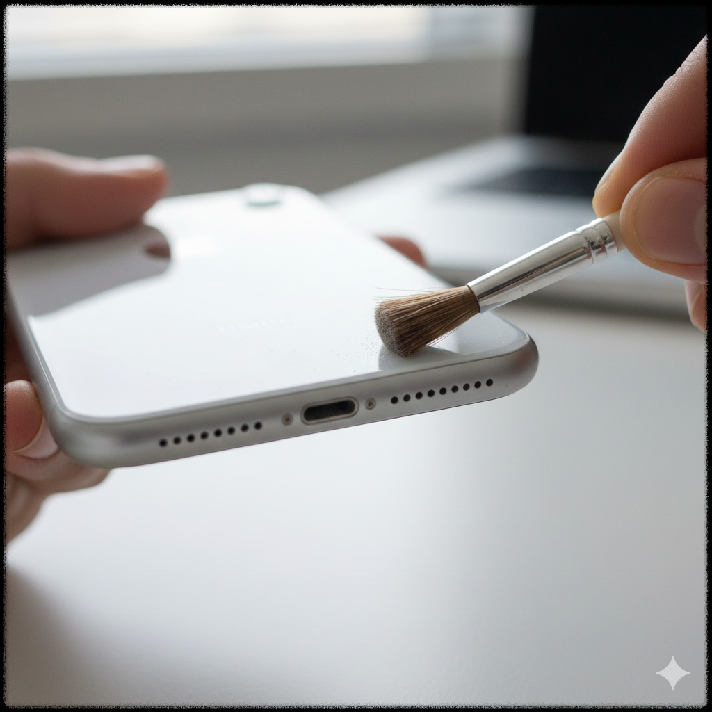 스마트폰 스피커 부분을 청소하는 모습