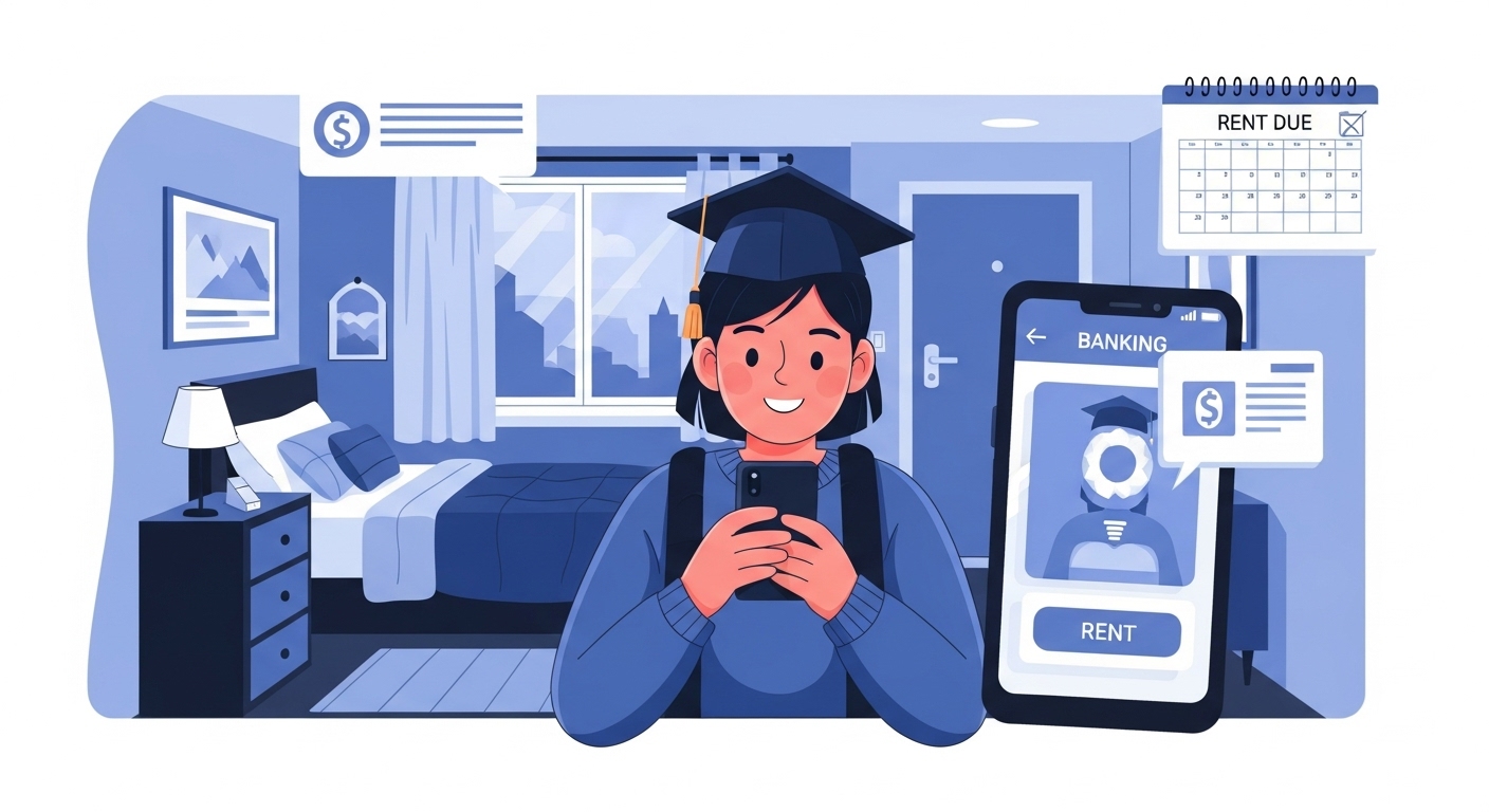 자취방에서 휴대폰으로 월세 관리를 하는 젊은 사회초년생의 모습