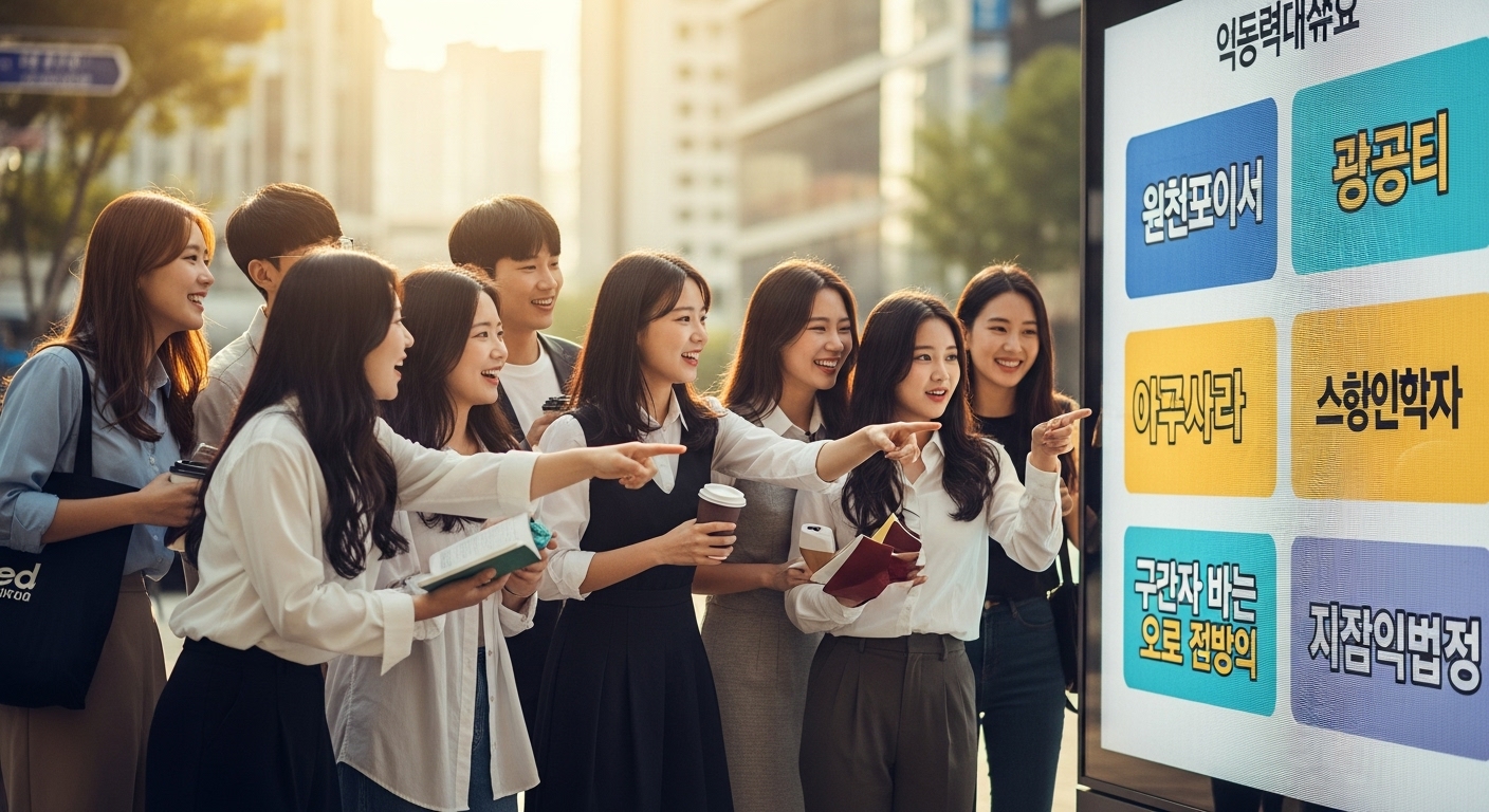 입시를 마친 한국 고등학생들이 서울 시내에서 설레는 표정으로 아르바이트 공고를 살펴보고 있는 모습. 다양한 직업들이 보이는 디지털 스크린 앞에서 활기찬 미래를 기대하는 젊은이들.