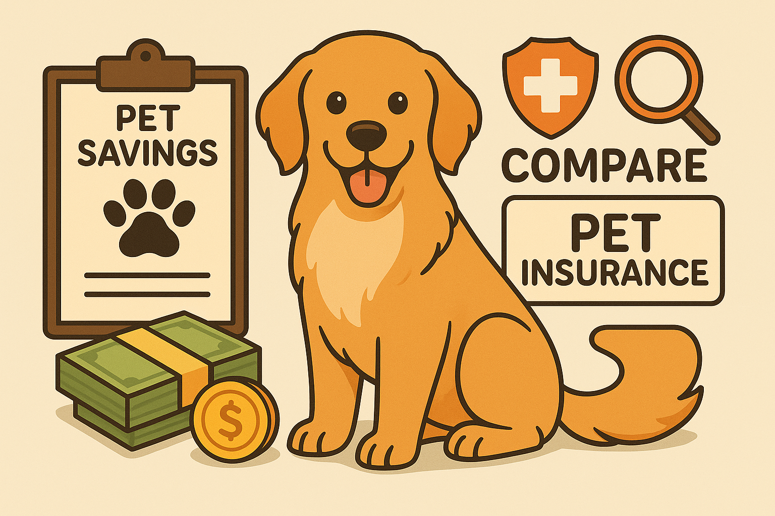 귀여운 골든 리트리버가 중심에 앉아 있으며, 그 주변으로 펫 적금 통장, 보험 서류, 비교 체크리스트, 돈다발과 동전 등이 배치되어 있어 반려견을 위한 금융 서비스—펫적금, 펫보험, 상품 비교—를 유쾌하고 명확하게 시각화한 일러스트입니다.