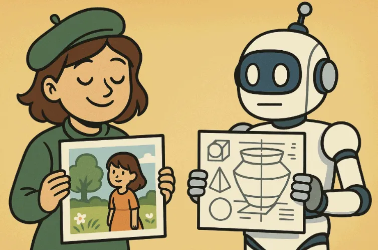 감성적인 일러스트를 들고 미소 짓는 화가와, 정교한 도형 스케치를 든 무표정한 로봇이 나란히 서 있는 만화 스타일의 이미지