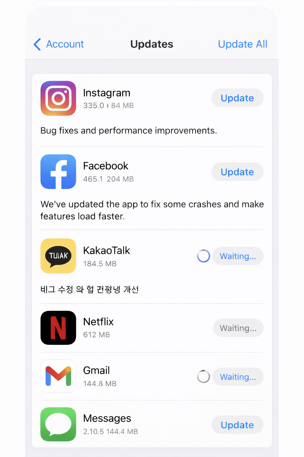 아이폰 App Store 업데이트 목록에서 일부 앱이 Waiting&hellip; 상태로 멈추고 진행 원형이 멈춘 것처럼 보이는 화면 설명 이미지