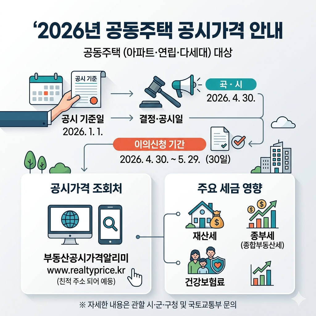 2026년 공동주택 공시가격 조회 방법: 공시일, 이의신청, 세금 영향 인포그래픽