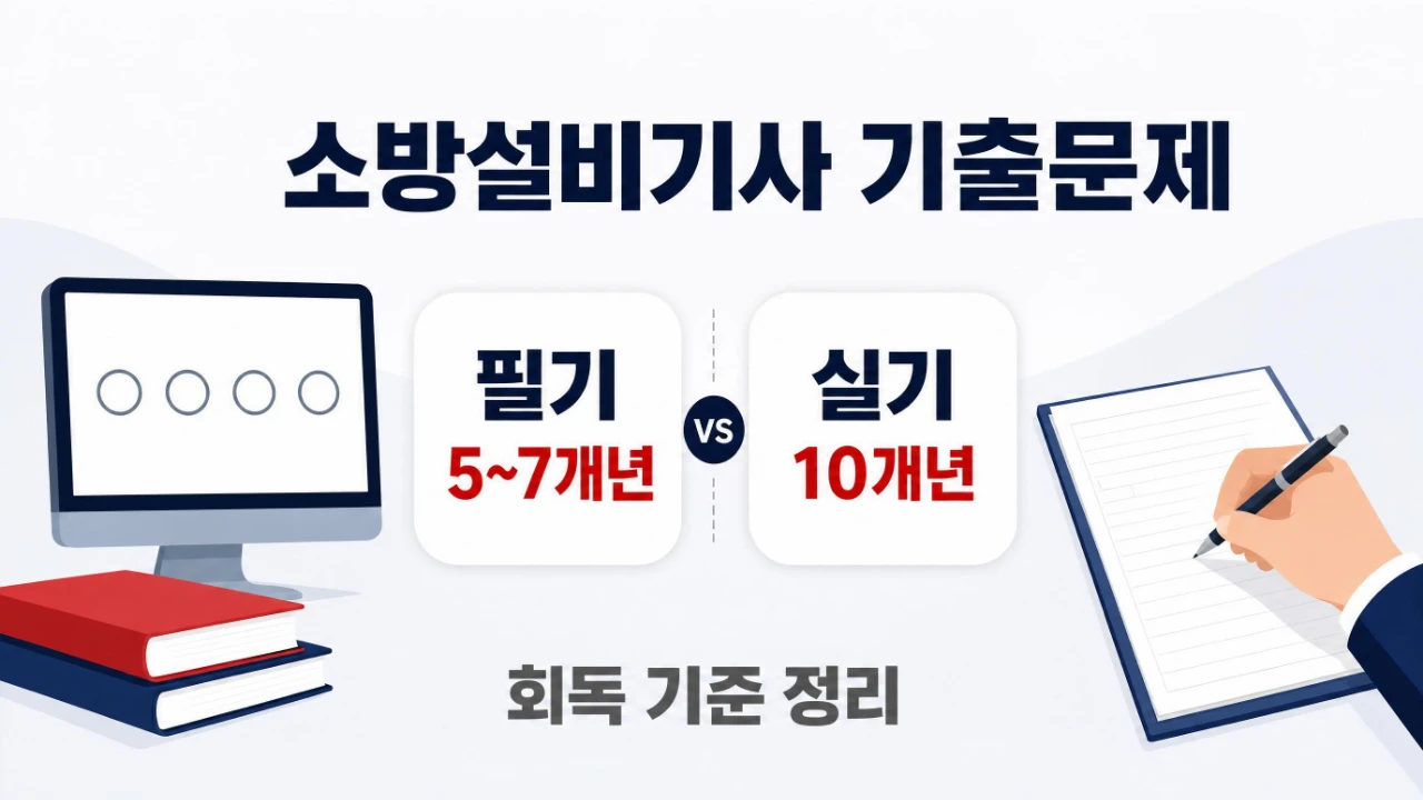 소방설비기사 필기와 실기 기출문제를 몇 년치 풀어야 하는지 설명하는 이미지