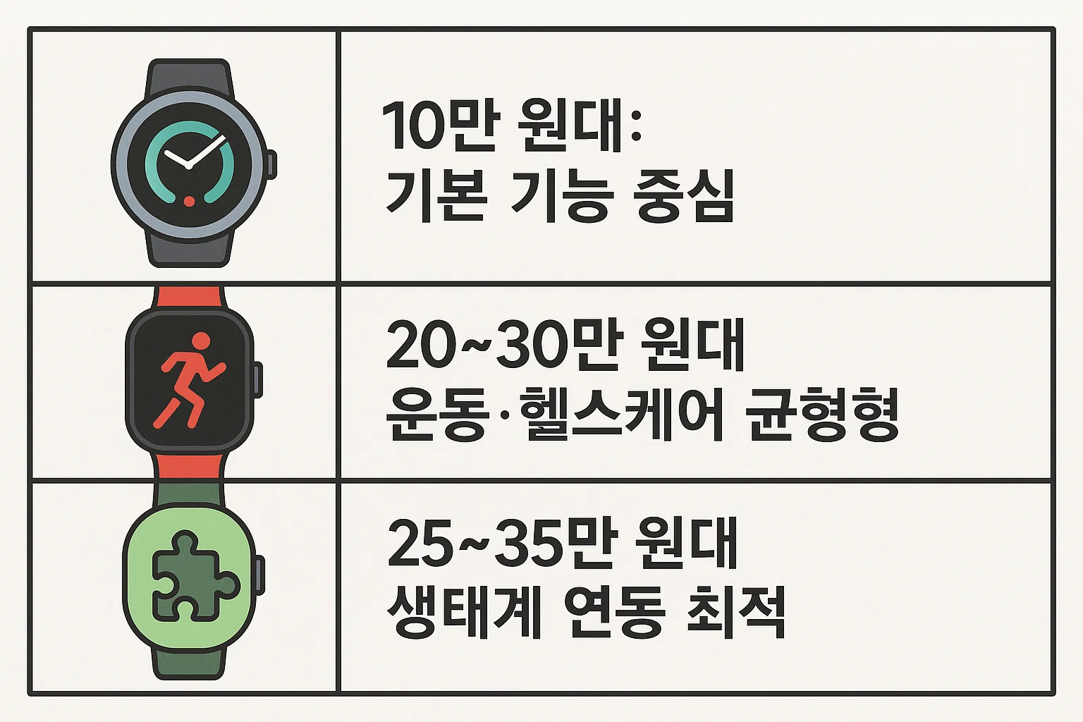 10만 원대 기본 기능 중심 모델부터 20~30만 원대 운동&middot;헬스케어 중심형, 25~35만 원대 생태계 연동 최적 모델까지 가격에 따른 기능 차이를 정리한 실전형 인포그래픽