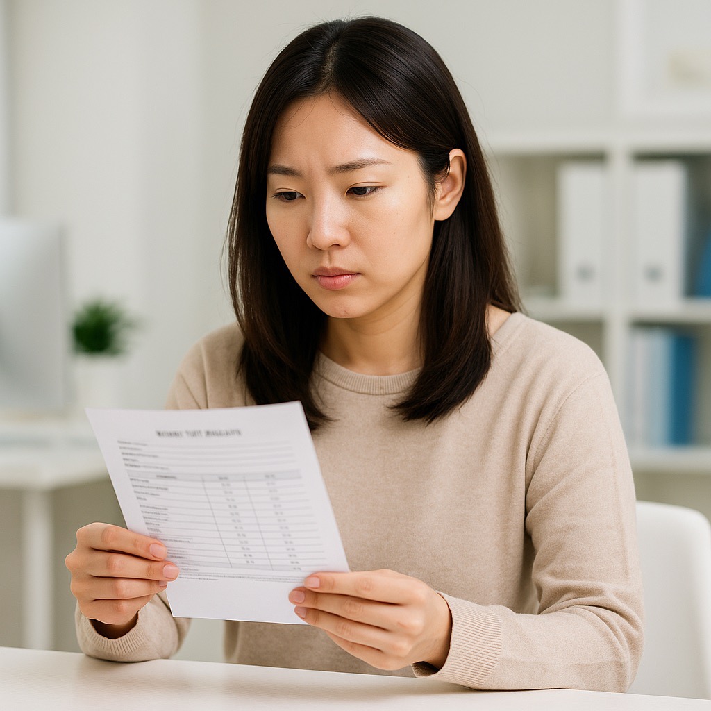 건강검진 결과지를 진지하게 바라보며 혈액 수치를 확인하는 젊은 여성(출처: 자체제작)