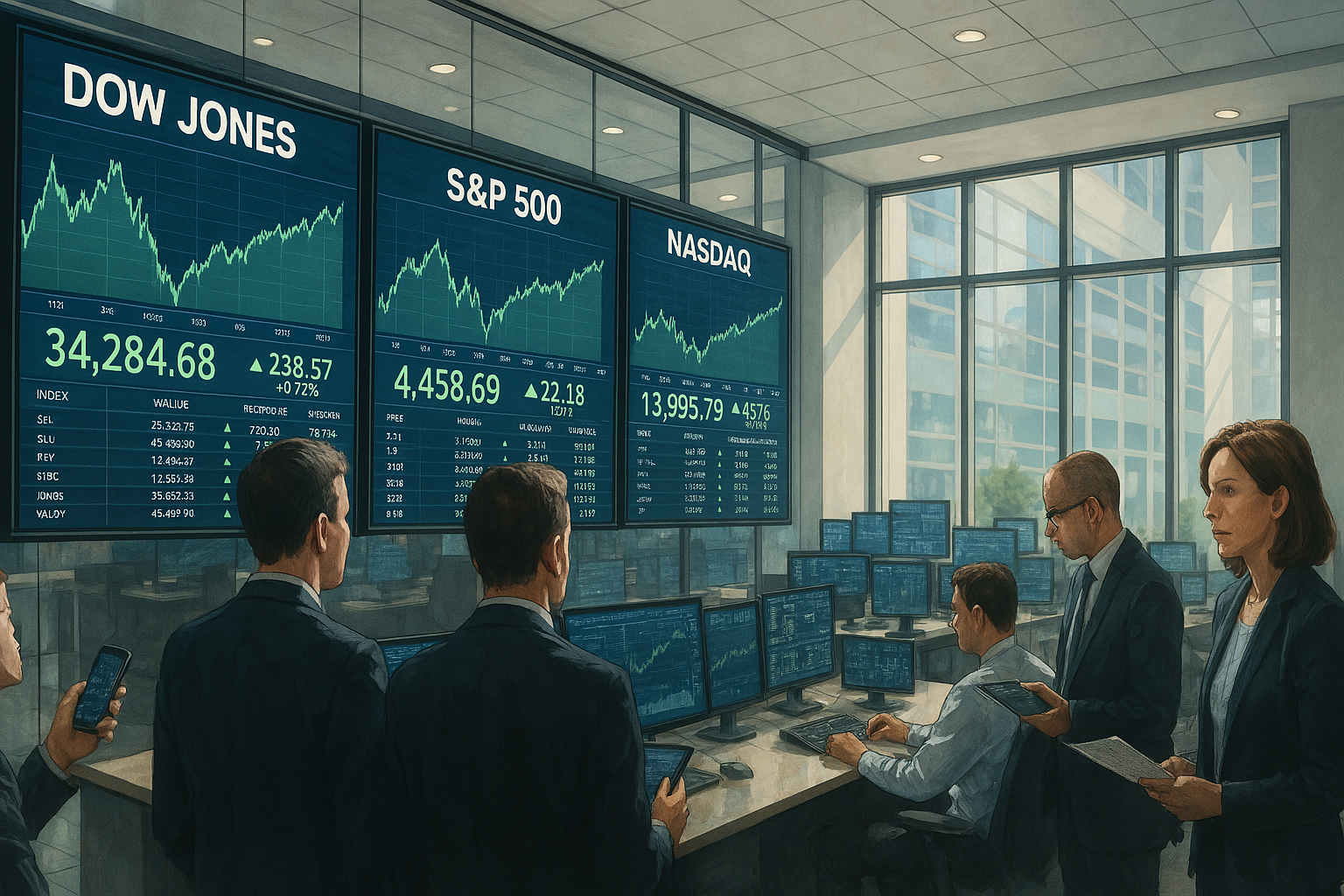 실시간 지수를 모니터링하는 전문 기관 투자자들 일러스트