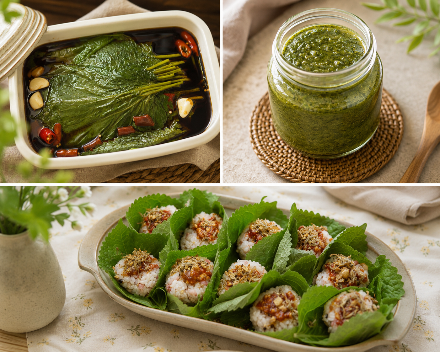 깻잎을 활용한 세 가지 요리가 담긴 콜라주 사진. 간장 소스에 숙성된 깻잎장아찌, 유리병에 담긴 초록빛 깻잎 페스토, 깻잎으로 감싼 멸치 쌈밥이 정갈하게 담겨 있다.