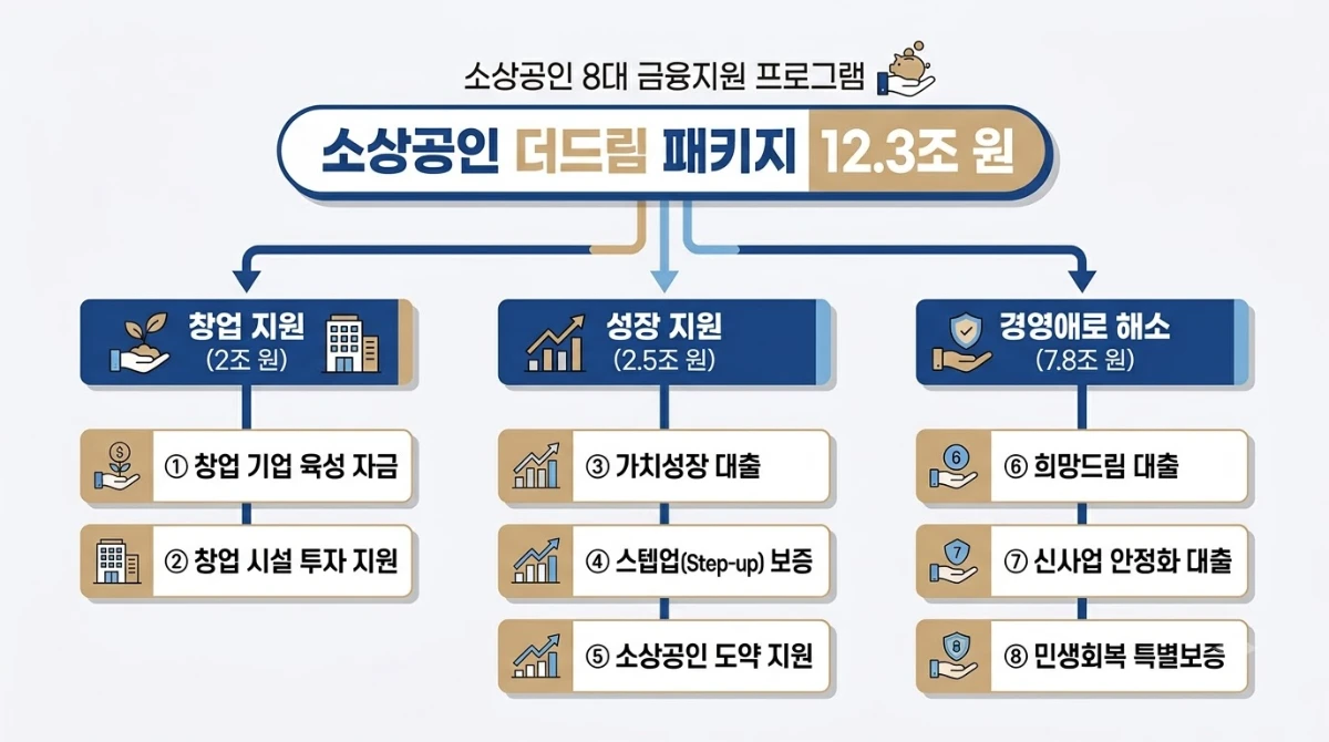 8대 프로그램의 분류(창업, 성장, 경영애로)와 주요 자금 흐름을 보여주는 다이어그램.