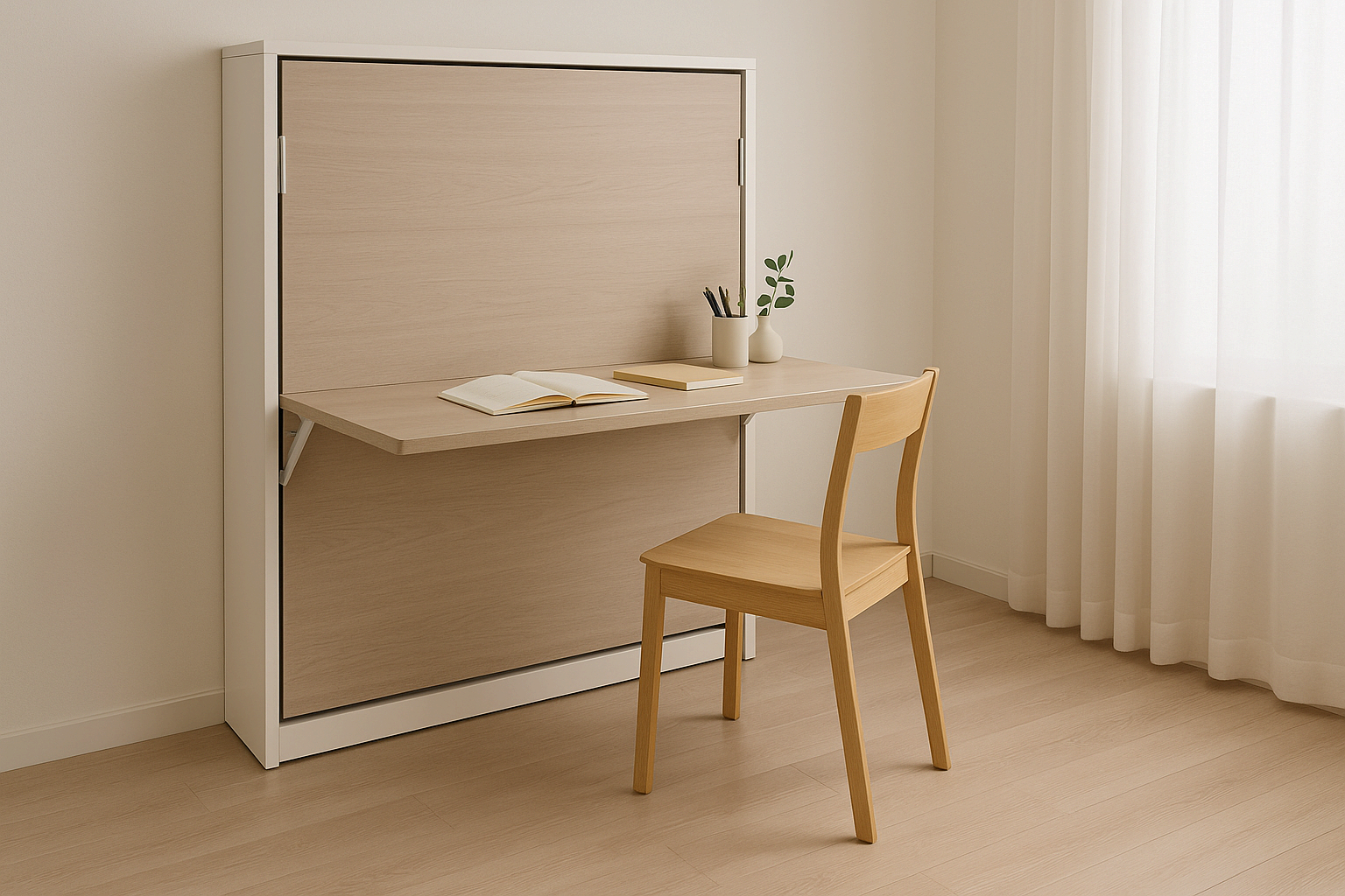 책상으로 변환된 접이식 침대