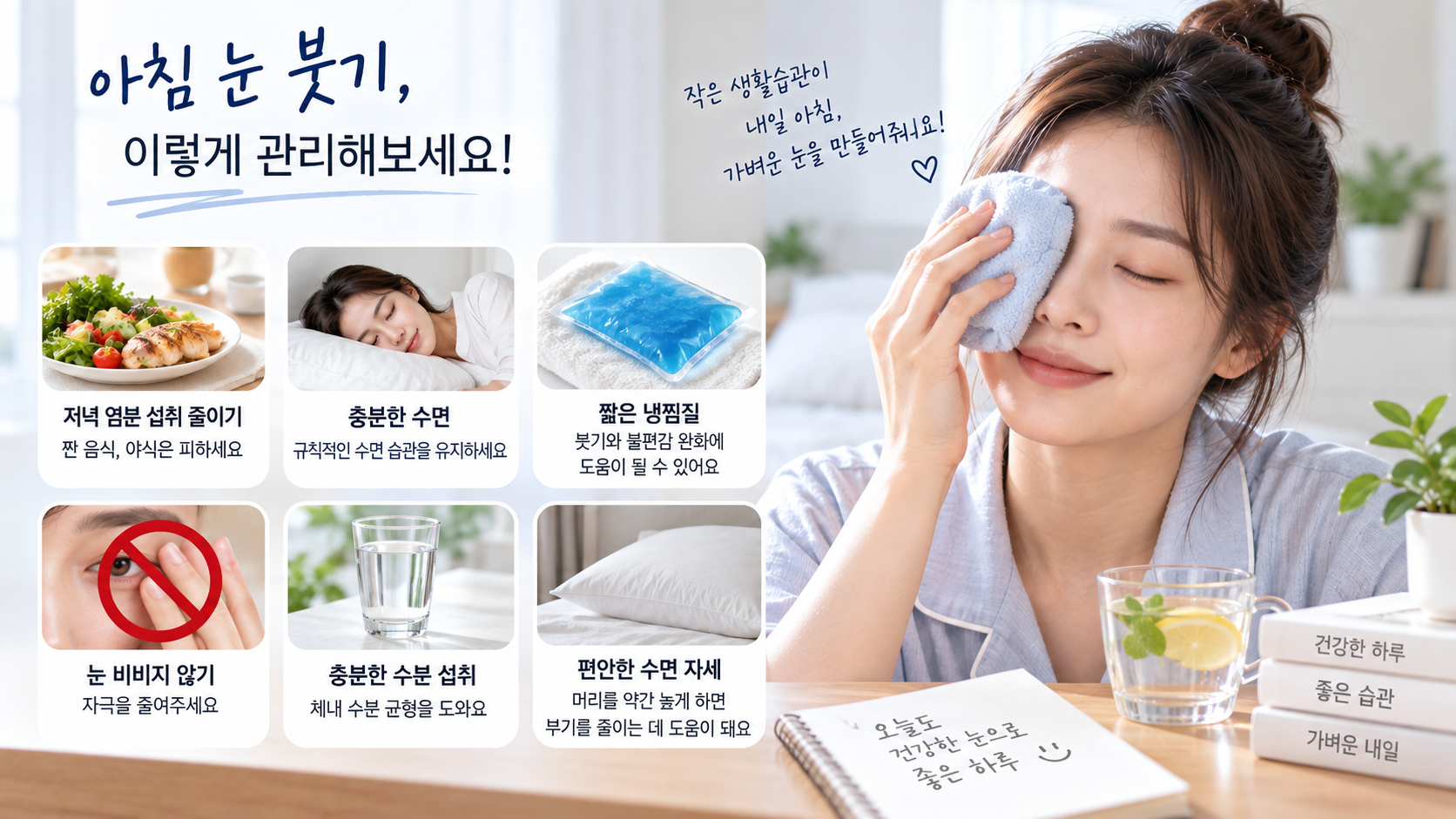 아침 눈 붓기 관리를 위해 냉찜질과 저염 식사 수면 습관을 관리하는 모습