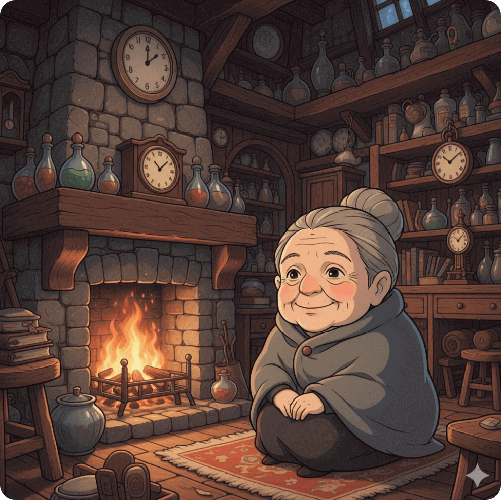 alt="하울의 움직이는 성 분위기의 배경 속에서 귀엽고 따뜻한 할머니로 변한 황무지 마녀 느낌의 일러스트"