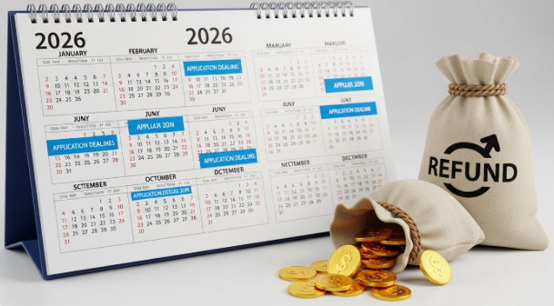 2026년 달력에 표시된 응시료 지원 신청기간과 환급 금액을 상징하는 동전 그림