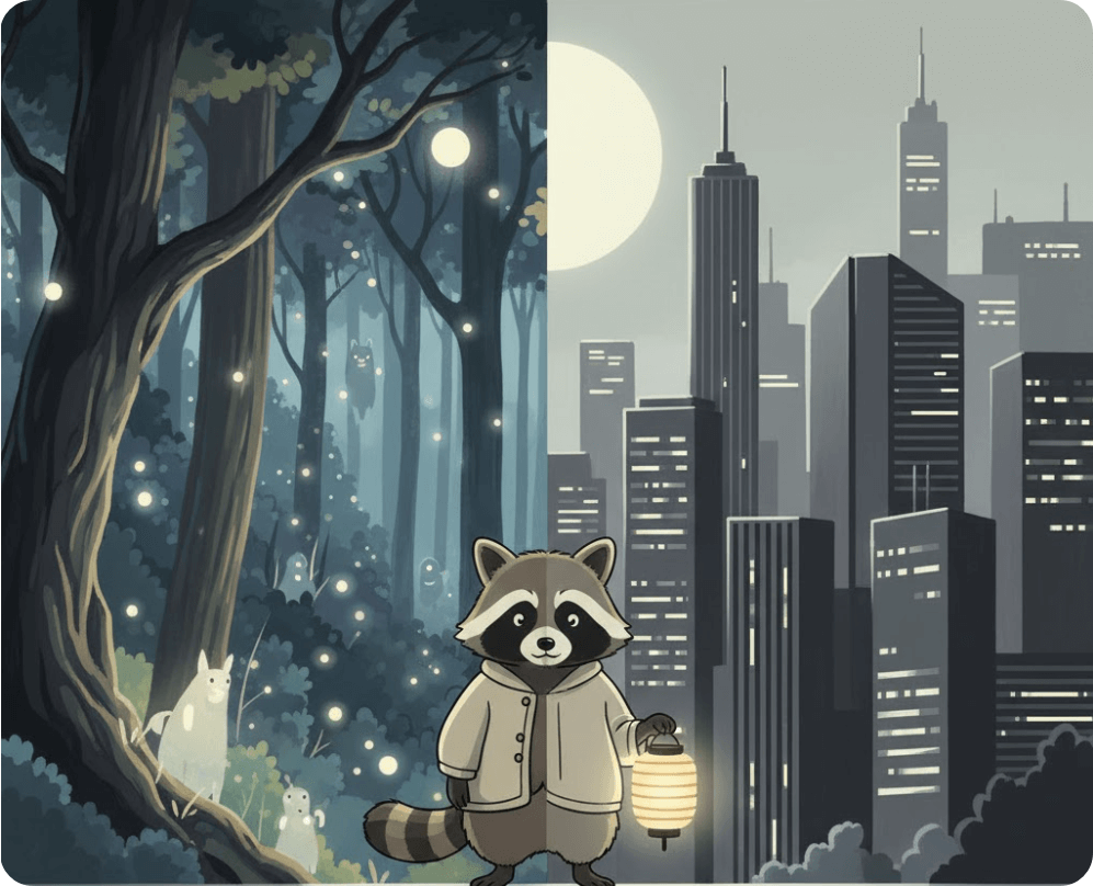 alt="달빛 아래 숲과 도시 사이에 선 너구리. 한쪽은 전통의 마법, 다른 쪽은 현대 문명으로 나뉜 풍경 속에서 변신술의 상징을 표현한 일러스트."