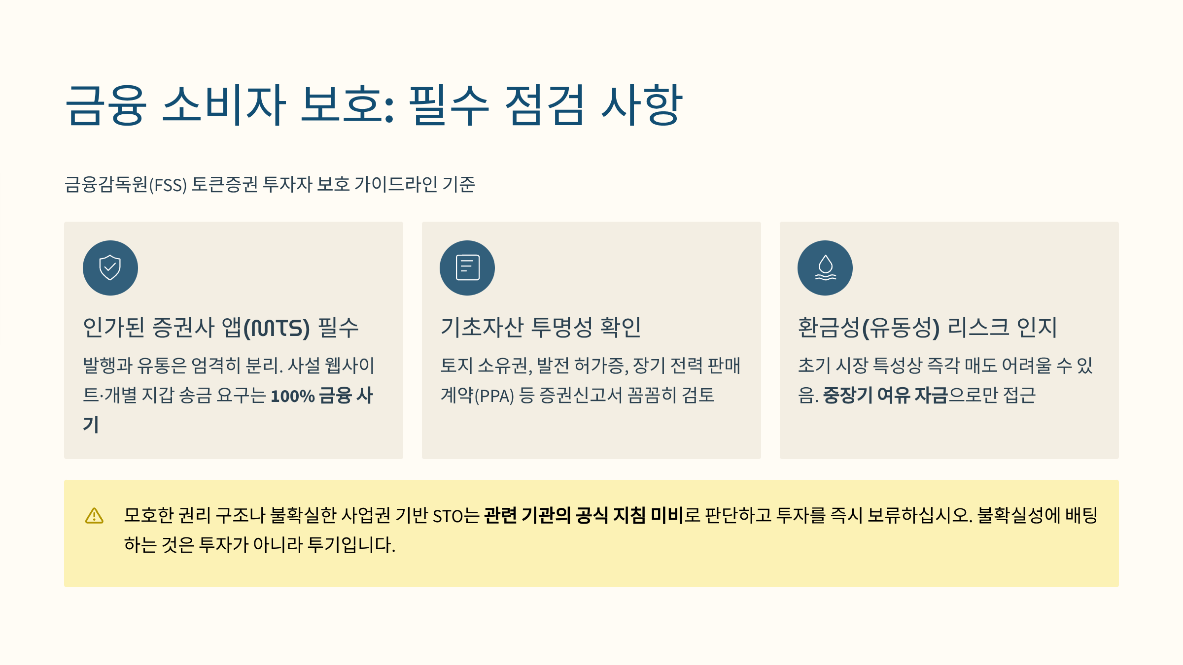 높은 기후 리스크 프리미엄 이면에는 반드시 확인해야 할 규제 및 관리 리스크가 존재합니다.

금융감독원(FSS)의 토큰증권 투자자 보호 가이드라인에 입각하여 다음 사항을 반드시 명심해야 합니다.



1. 인가된 증권사 앱(MTS) 활용 강제: STO 합법화의 핵심은 발행과 유통의 분리입니다.

토큰을 발행하는 조각투자 업체와 이를 유통하고 거래를 지원하는 플랫폼은 엄격히 분리되어야 합니다.

따라서 투자금 예치와 토큰 매매는 반드시 시중 대형 증권사의 공식 앱(MTS)을 통해서만 진행하십시오.

검증되지 않은 사설 웹사이트나 개별 지갑 송금을 요구하는 행위는 100% 금융 사기입니다.



2. 기초자산 가치 평가의 투명성: 조각투자의 기반이 되는 태양광 발전소의 토지 소유권, 발전 허가증, 장기 전력 판매 계약(PPA) 체결 여부 등이 공시된 증권신고서를 꼼꼼히 확인해야 합니다.

만약 관련 기관의 공식 지침이 마련되지 않은 모호한 권리 구조나 장래의 불확실한 사업권을 바탕으로 한 STO가 있다면, 해당 사안은 현재 관련 기관의 공식 지침이 마련되지 않은 상태입니다라고 판단하고 투자를 즉시 보류하십시오.

불확실성에 배팅하는 것은 투자가 아니라 투기입니다.



3. 환금성(유동성) 리스크 인지: 토큰증권은 주식처럼 거래소에서 실시간 매매가 가능하도록 설계되어 있으나, 초기 시장 특성상 거래량이 부족하여 원하는 시점에, 원하는 가격으로 즉각적인 매도가 어려울 수 있습니다.

즉, 환금성 리스크가 존재함을 인지하고 단기 자금이 아닌 중장기 여유 자금으로 접근하는 것이 철칙입니다.