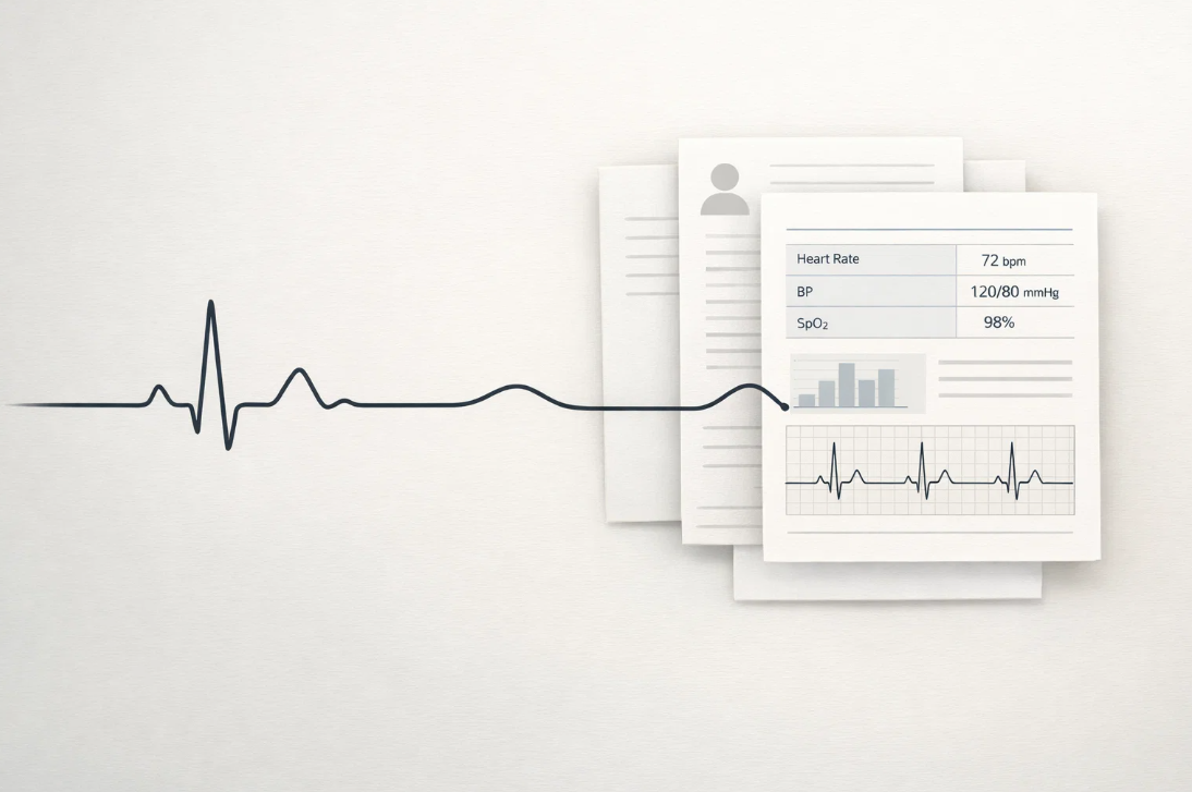 심전도 파형과 검사 기록지 일러스트, 홀터 검사로 수집된 심박 데이터와 판독 결과 개념 이미지