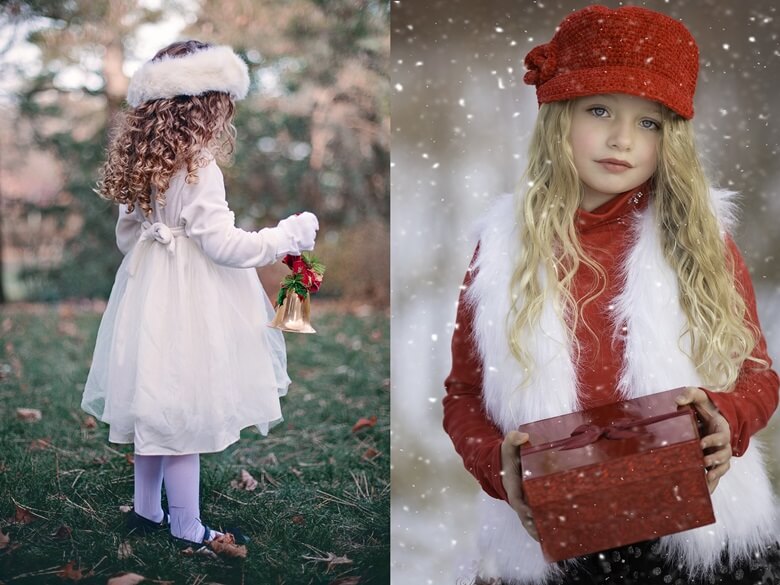 좌측부터 하얀색 원피스를 입고 풀밭위에서 종을 들고 있는 어린 여자아이의 뒷모습과 눈이 내리는 날 빨간색 선물박스를 양손으로 들고 있는 빨색 모자와 금발의 여자아이