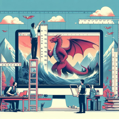 드래곤을 테마로 한 디지털 화면 작업, 창의적인 작업 환경과 디지털 세계의 경계를 표현.