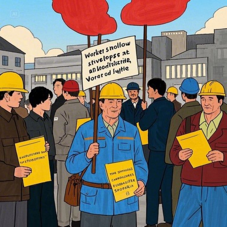 파업 현장에서 노란 봉투를 들고 있는 노동자들, 대형 공장과 하청&middot;플랫폼 노동자를 상징하는 다양한 인물이 함께 서 있는 모습, 사회적 연대를 상징하는 따뜻한 분위기