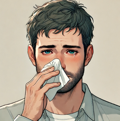 비염 때문에 콧물을 닦고 있는 남자의 이미지