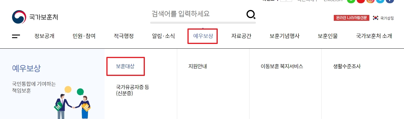국가보훈부 홈페이지 예우보상 메뉴